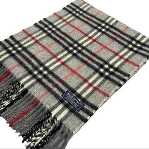 Burberrys Classic Gray and Red Plaid Scarf